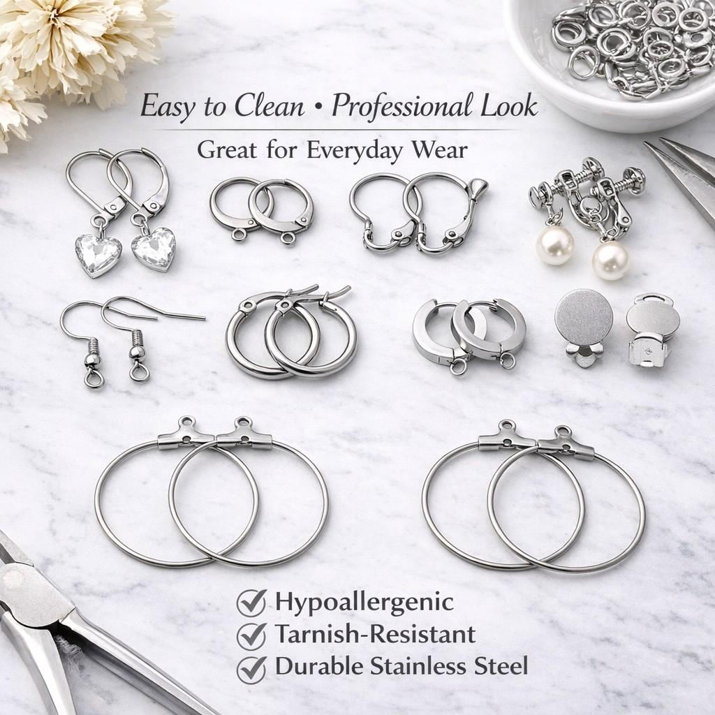 Lever Back Hooks Earring Findings Set, Stainless Steel, Hypoallergenic (Silver Tone, Multiple Styles, DIY Jewelry Makers)