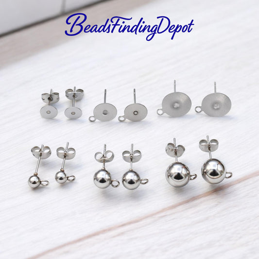 Stainless Steel Stud Flat Pad Posts: Hypoallergenic Earring Findings, Silver Tone, Durable | Cup Studs, Ball Loop Posts, Jewelry Making