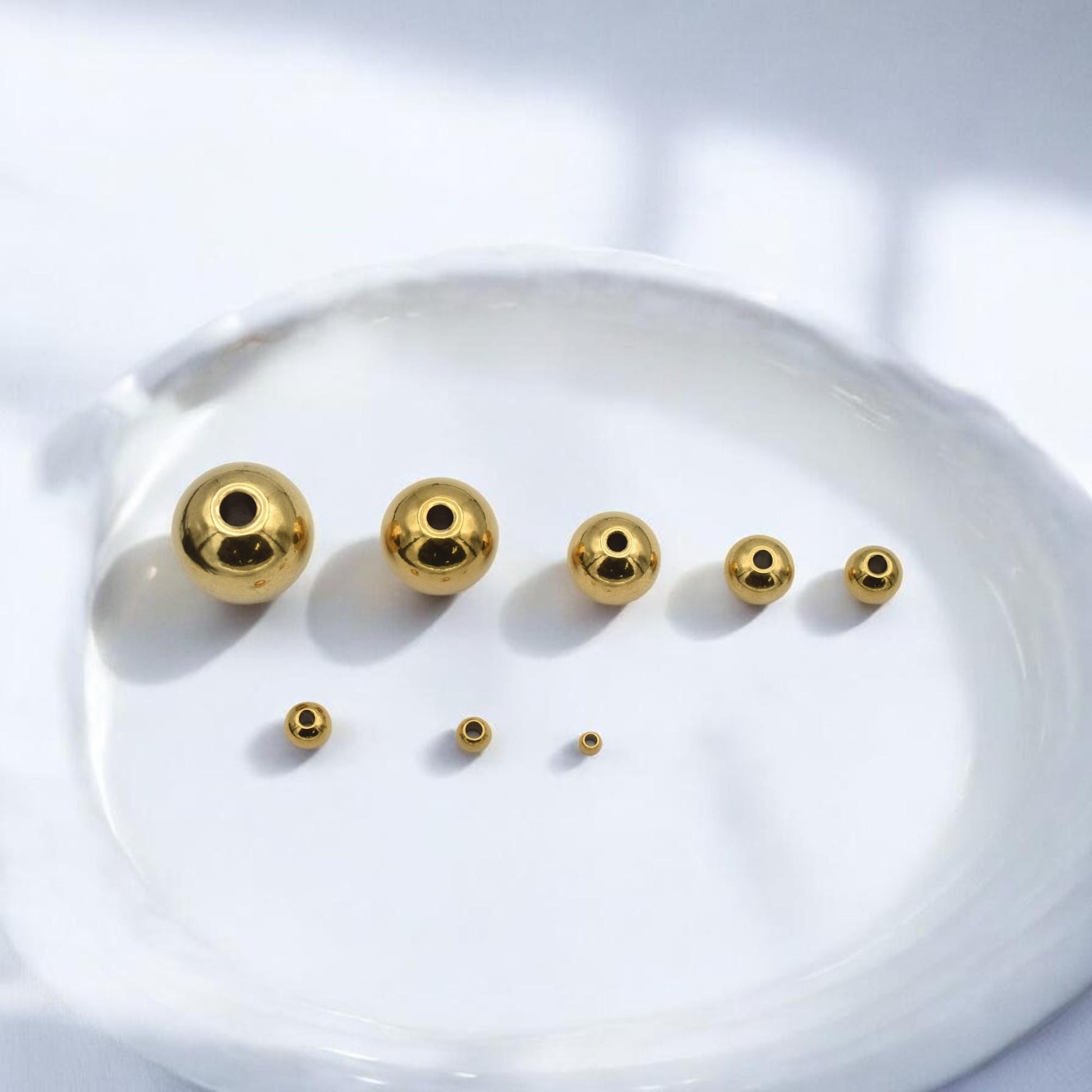 Gold Plated Beads Jewelry Spacer, Seamless Polished Metal (3mm-12mm Sizes, Stainless Steel, Hypoallergenic Crafting)