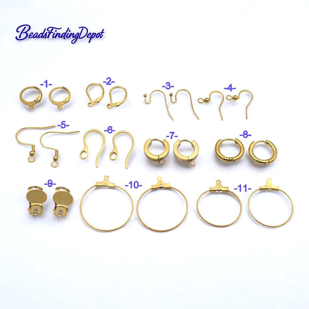 Round hoop earring bases in shiny gold stainless steel shown in a flat lay.
Aros redondos para aretes en acero inoxidable dorado mostrados en estilo flat lay.