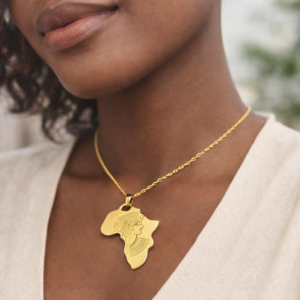 Africa Map Pendant Necklace Afrocentric Charm, Cleopatra Engraving (27x37mm, Gold & Silver Tone Stainless Steel)