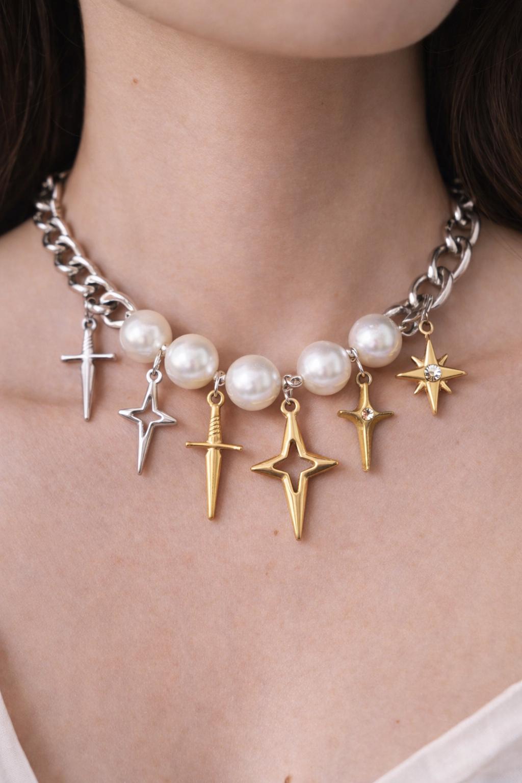 Sword North Star Charms CZ Accent Pendants, Gold & Silver Dagger and Compass Star (12PCS, Stainless Steel, DIY Jewelry)