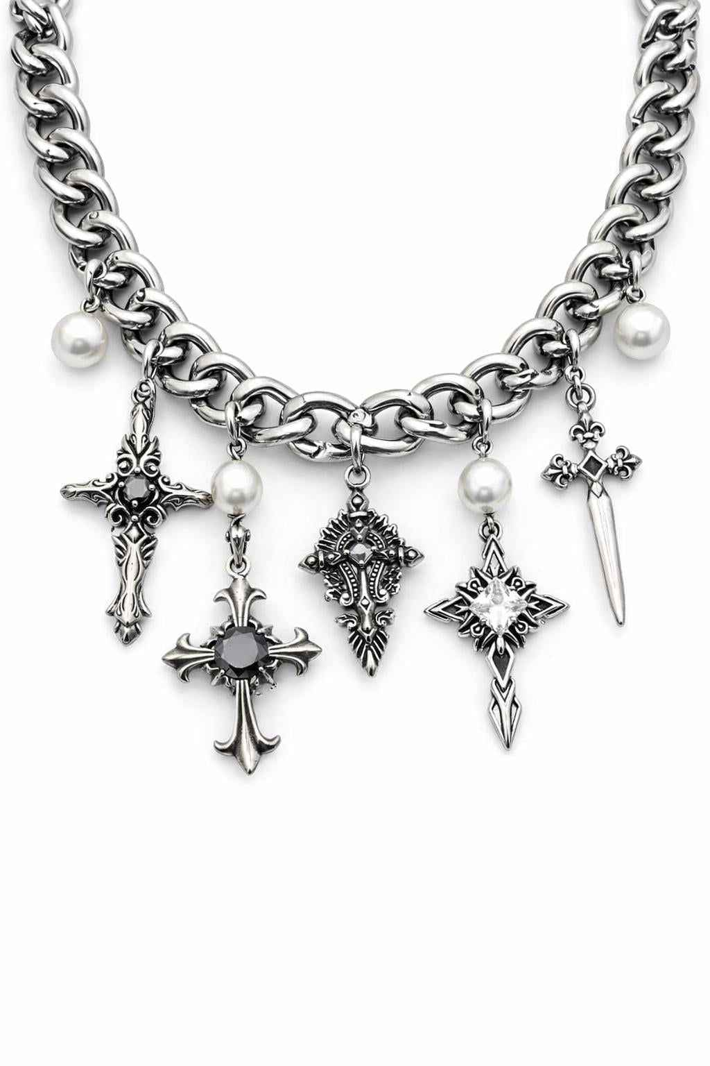 Dagger Style Pendant - Baroque Cross Charm, Sharp Gothic Detailing - Stainless Steel, Unisex Gift Jewelry