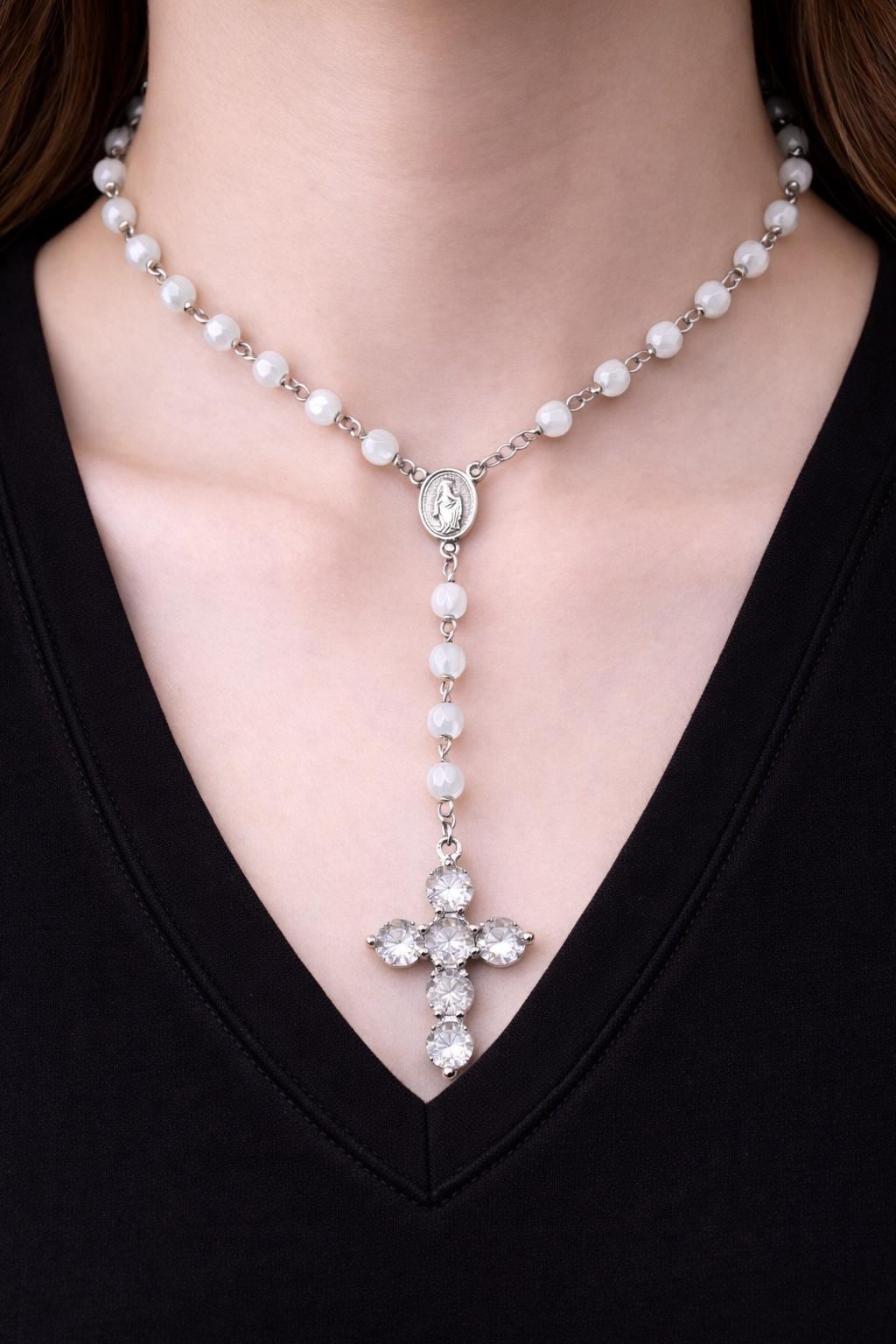 Silver Finishing Cross Pendant – Sparkling Zirconia Stones, Elegant Charm (32x23mm)
