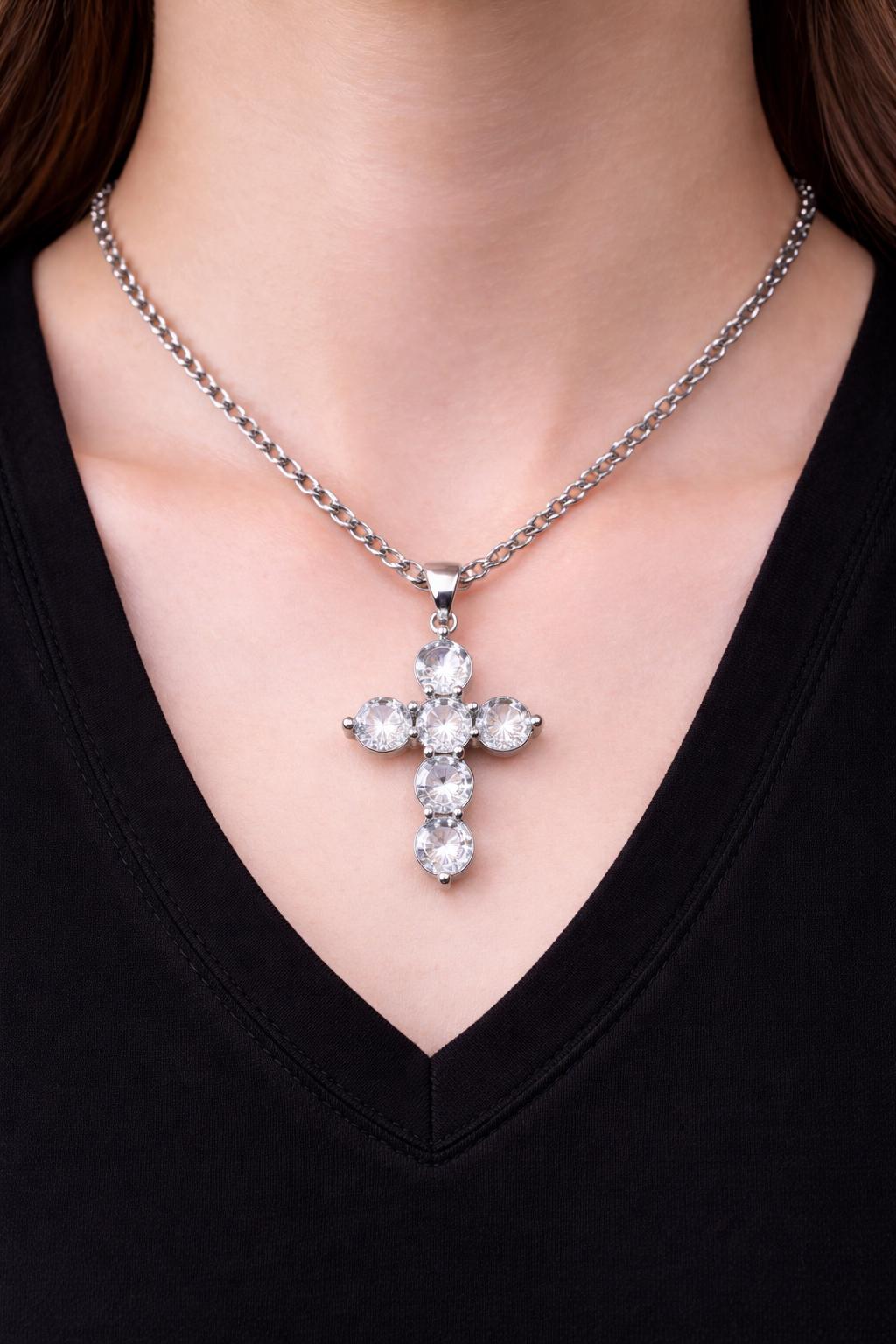 Silver Finishing Cross Pendant – Sparkling Zirconia Stones, Elegant Charm (32x23mm)