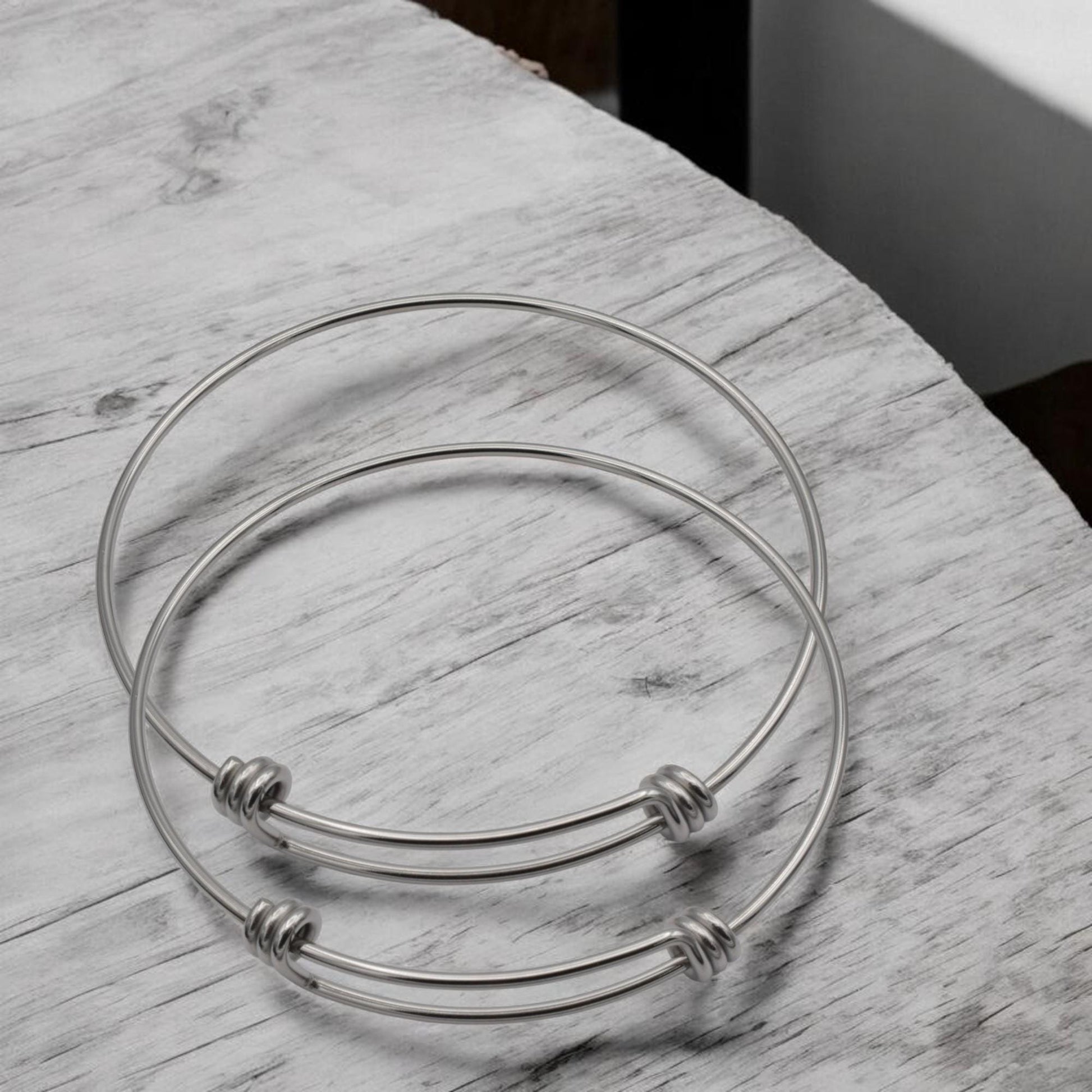 Silver Tone Bangle Bracelets - Modern Minimalist Adjustable Base - Durable Stainless Steel, DIY Charm Jewelry, Unisex Gift Option