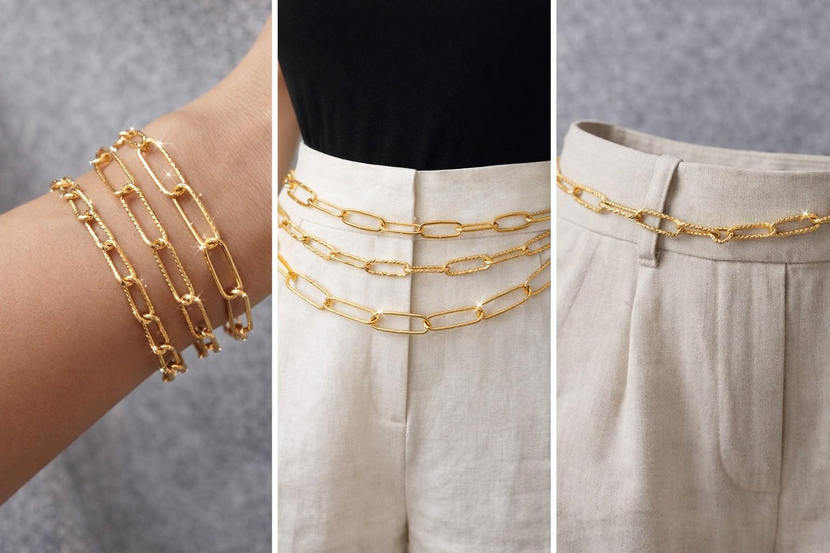 Gold Finish Paperclip Chain Links: Rectangular Hammered & Smooth, Stainless Steel | Custom Lengths, Jewelry Making Supplies