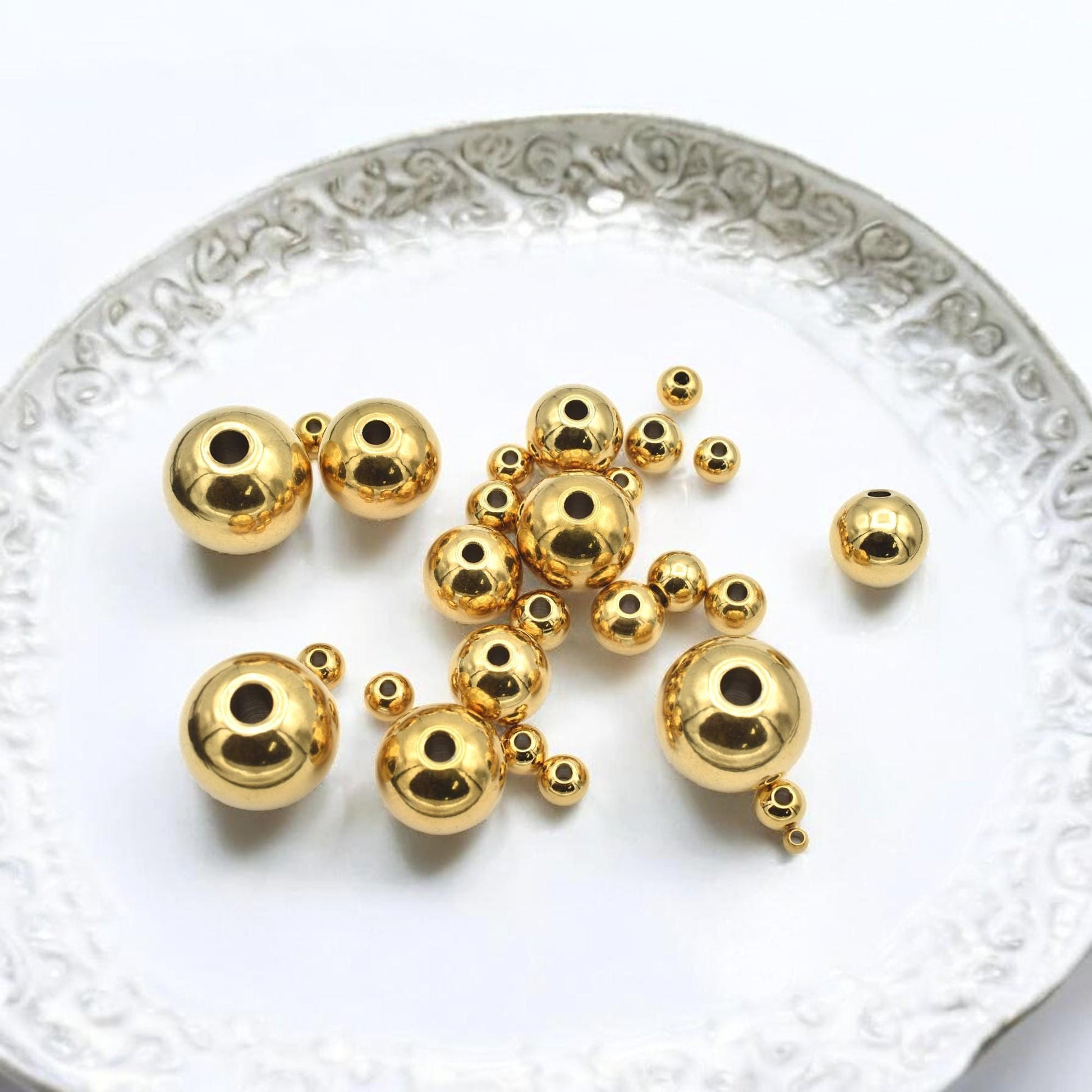 Gold Plated Beads Jewelry Spacer, Seamless Polished Metal (3mm-12mm Sizes, Stainless Steel, Hypoallergenic Crafting)