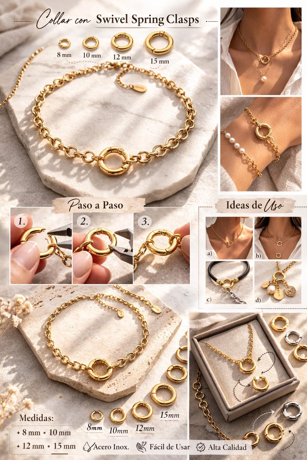 Swivel Round Spring Clasp 18K/14K Gold Filled Alternative Rotating O-Ring Connector for Necklaces, Bracelets & Keychains, Multiple Sizes