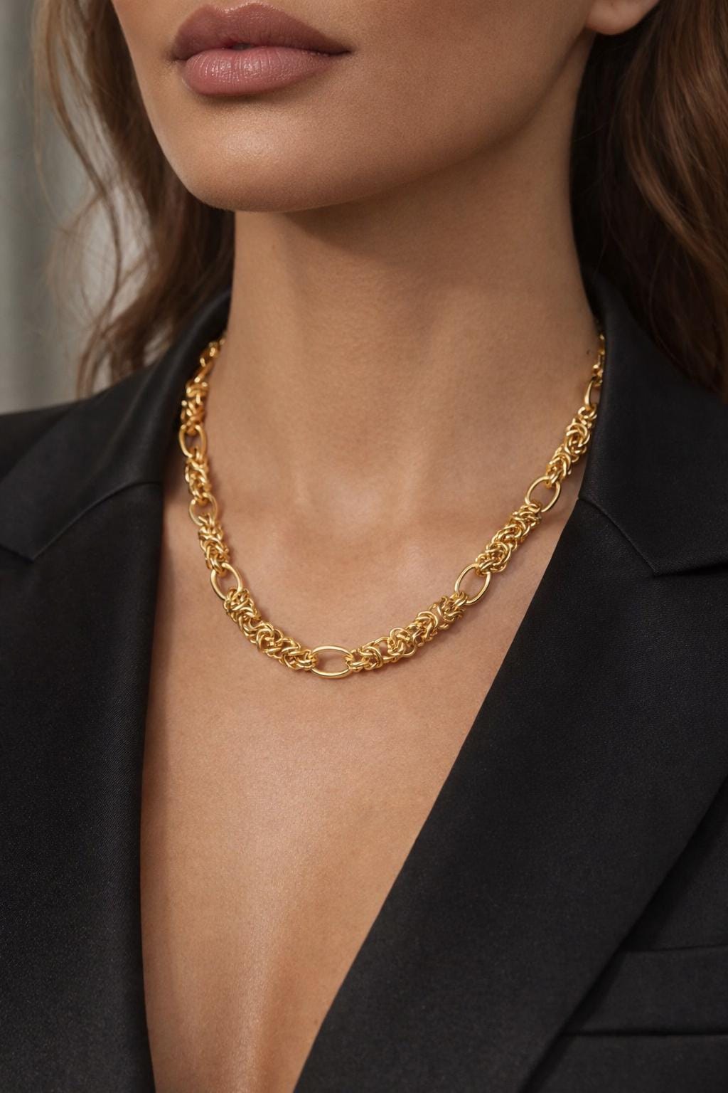 Gold And Silver Oval Link Chain, Textured Stainless Steel (Heavy Duty Links, Gold Finishing, Sold By Yard)