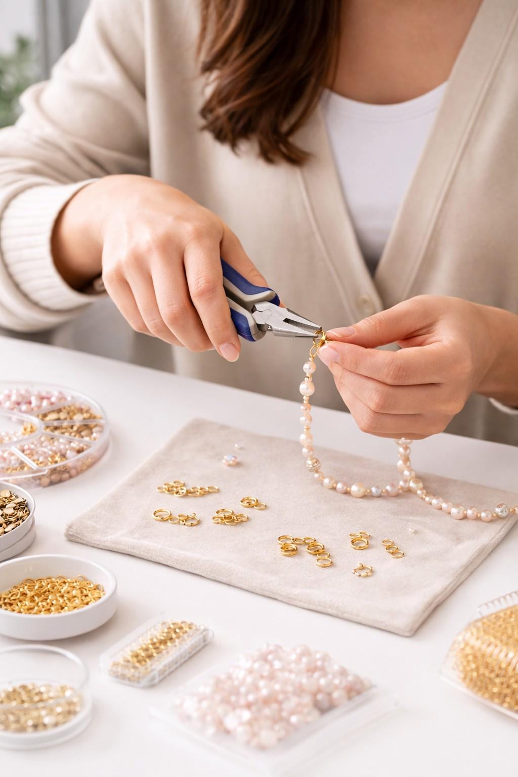 Flat nose pliers holding a small jewelry component to show precision control