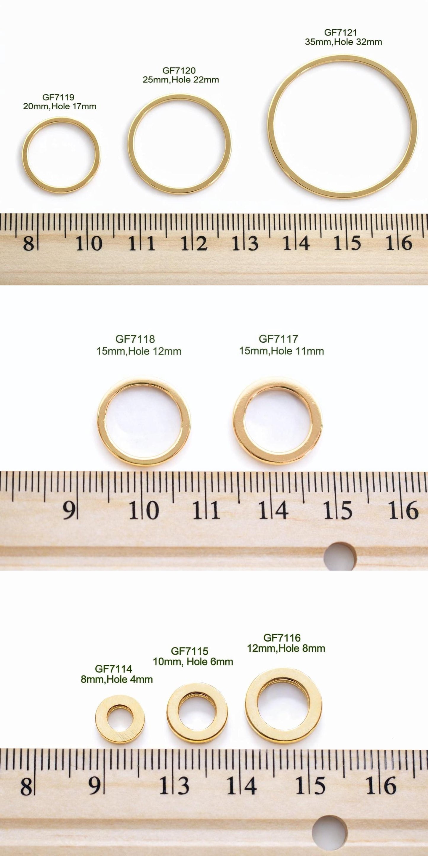 Set of square gold rings fanned out to show size variety from 8mm to 35mm