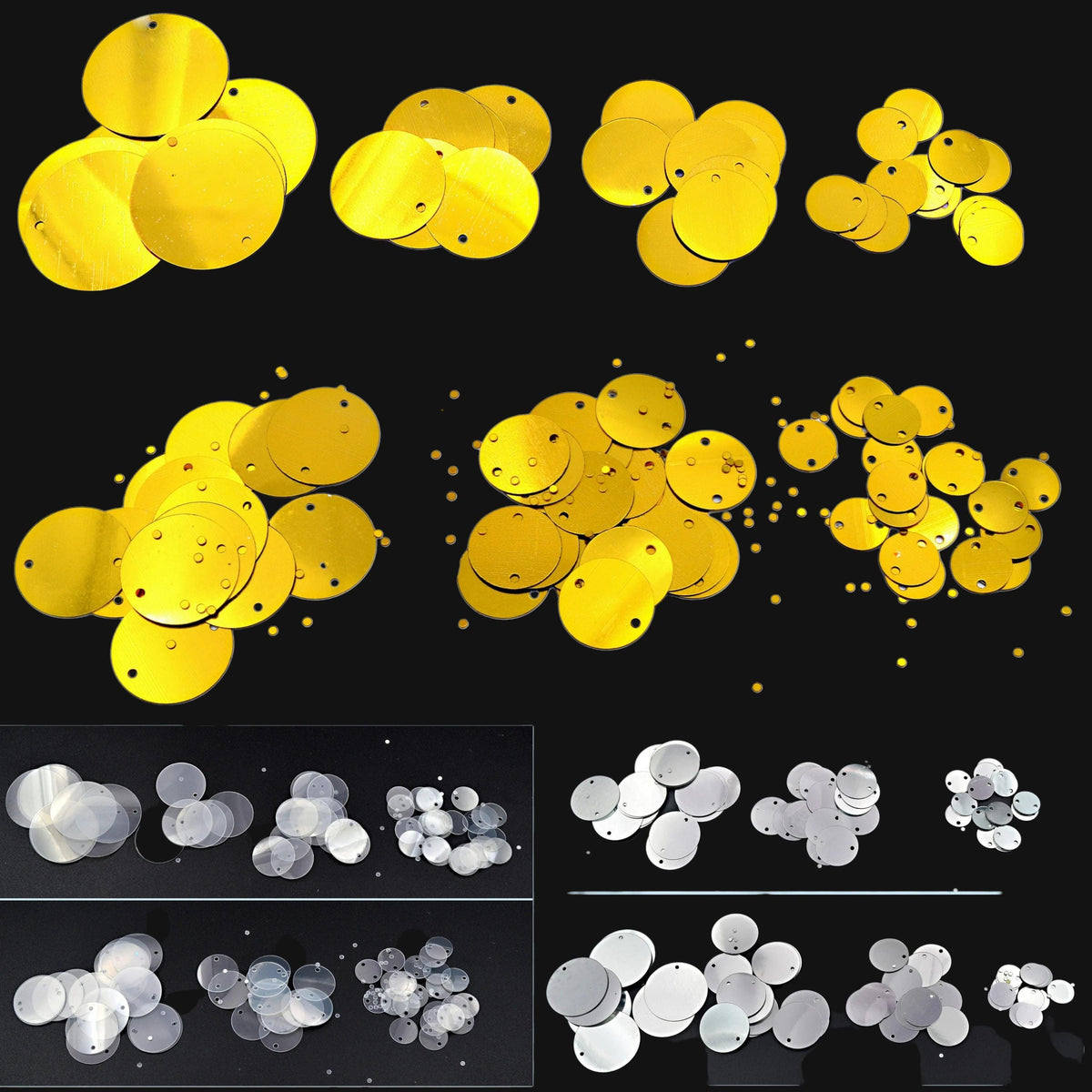 Flat Round Loose Sequins - Clear Silver Chrome Gold, Two Hole Discs - Shimmering Shoe & Clothing Decor, Bulk Craft Materials