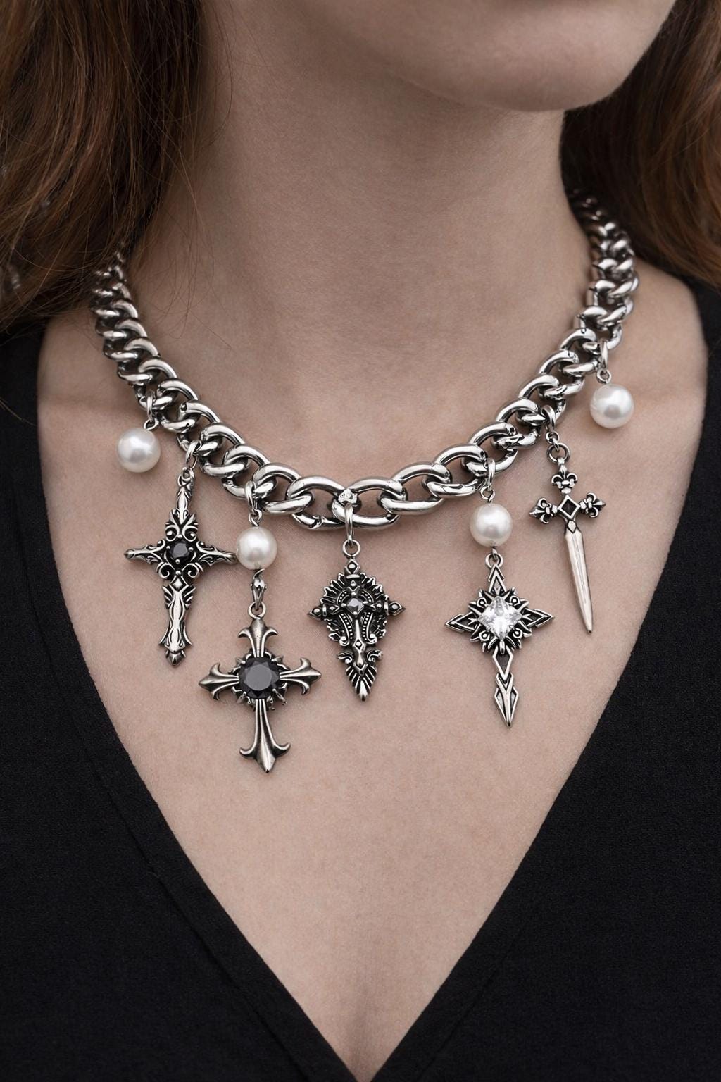 Dagger Cross Pendant - Baroque Geometric Charm - Stainless Steel, Sharp Lines, Jewelry Making Supplies