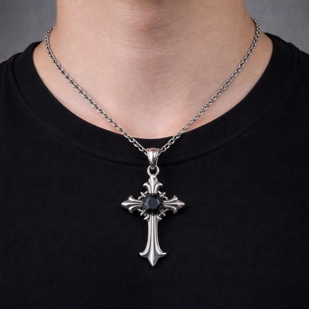 Dagger Style Pendant - Baroque Cross Charm, Sharp Gothic Detailing - Stainless Steel, Unisex Gift Jewelry