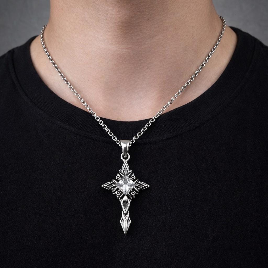 Dagger Style Pendant - Baroque Cross Charm, Sharp Gothic Detailing - Stainless Steel, Unisex Gift Jewelry