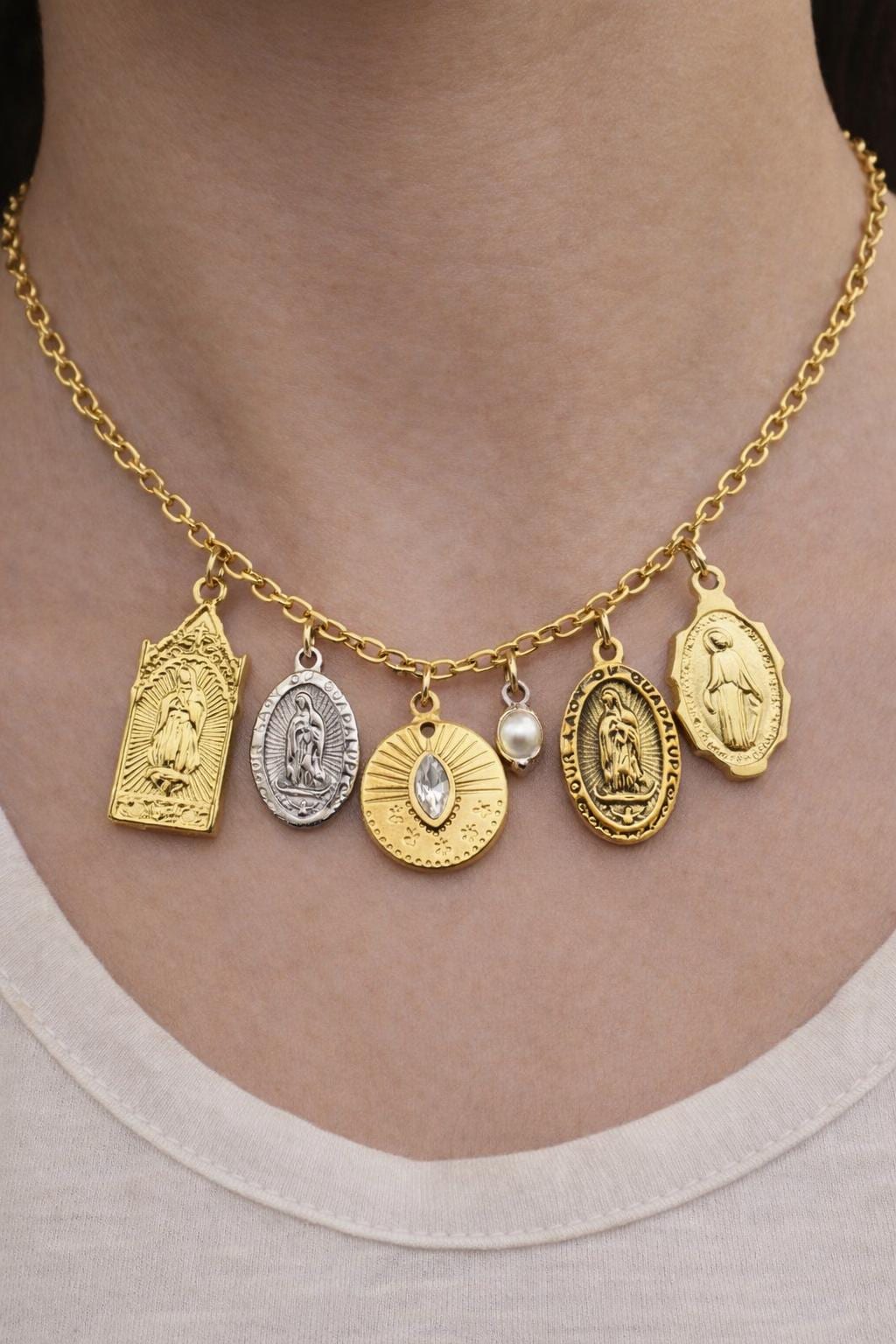 Mary Guadalupe Medal: Sun Eye Charm Gold & Silver-Tone, Miraculous Pendant | Stainless Steel, Rosary Jewelry DIY | 20-29mm