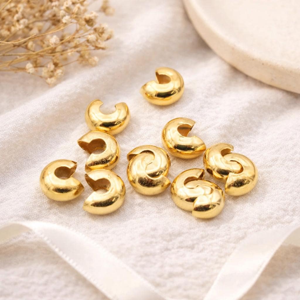 Gold Stainless Steel Crimp Cover Beads, Polished Finish, Jewelry Making DIY (3-5mm)