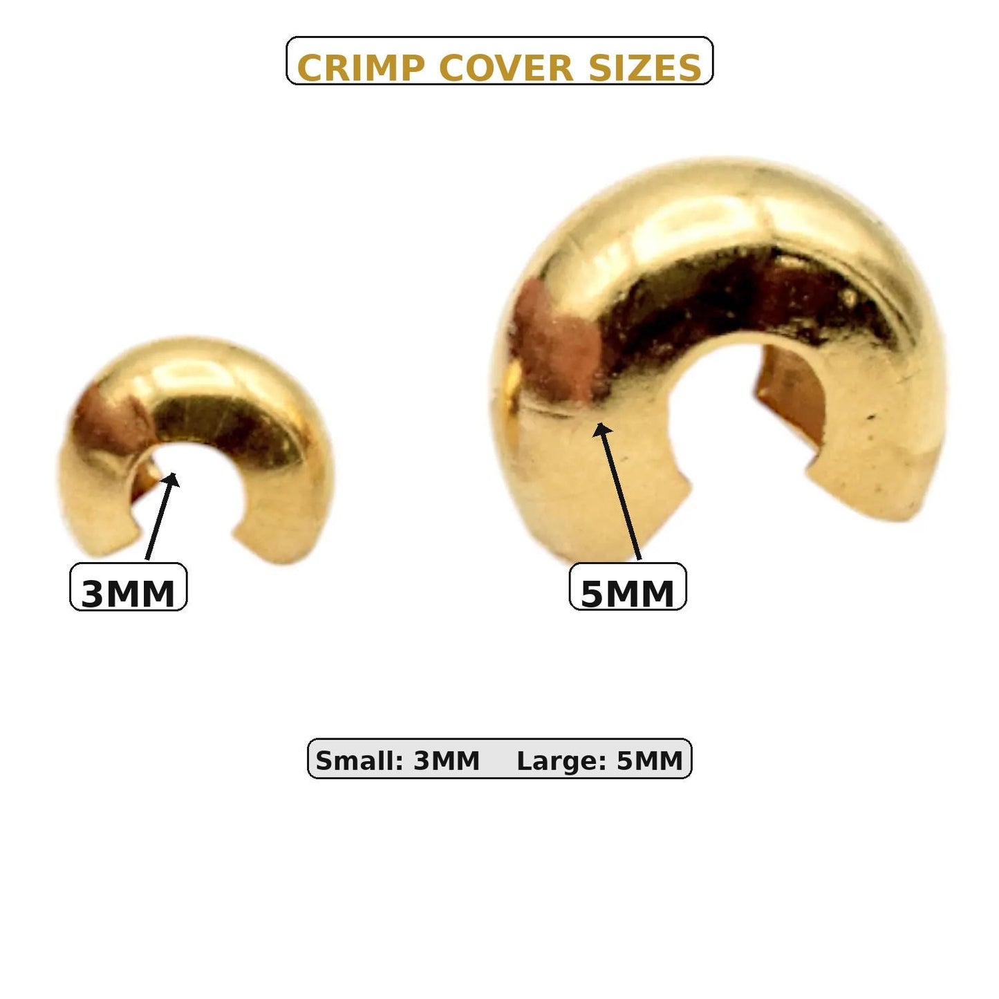 Gold Stainless Steel Crimp Cover Beads, Polished Finish, Jewelry Making DIY (3-5mm)