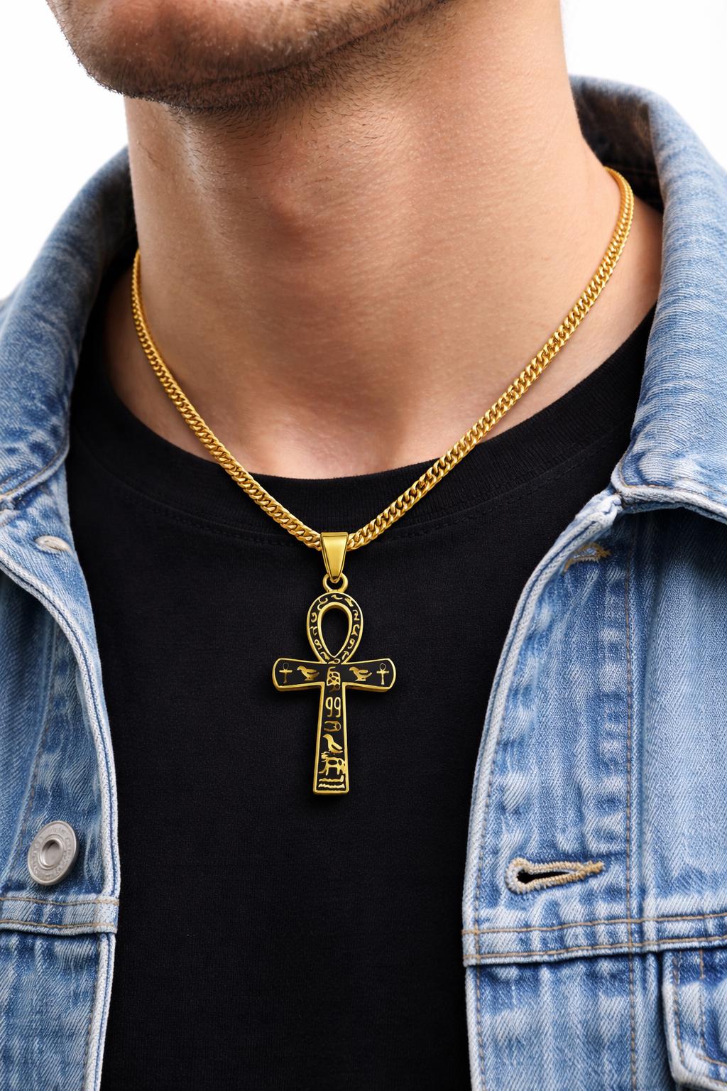 Ankh Cross Pendant Jewelry: Sacred Egyptian Hieroglyph Design, Gold & Silver Stainless (15x30mm, Unisex Charm)