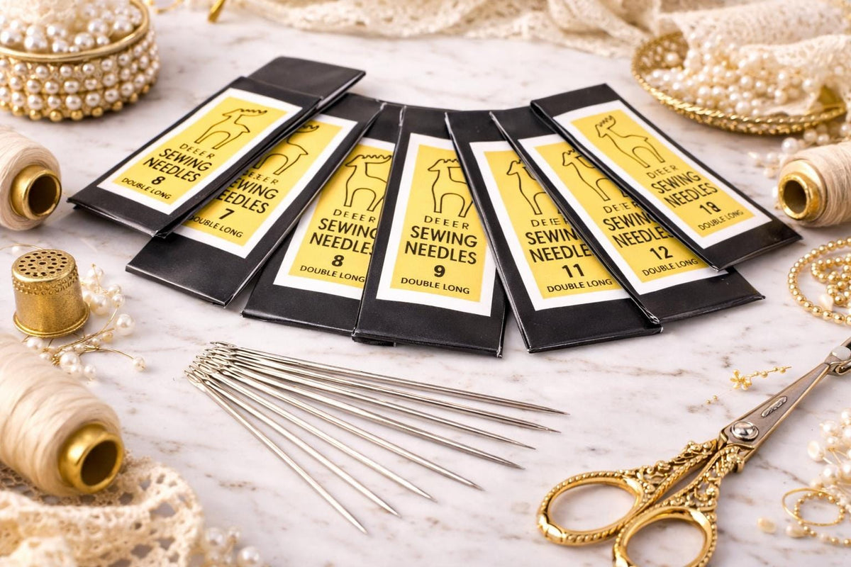 Deer Brand Double Long Sewing Needles: Sizes 6-12, Strong Zinc Alloy Steel | Beading, Embroidery, Quilting | 25 Pieces Per Size