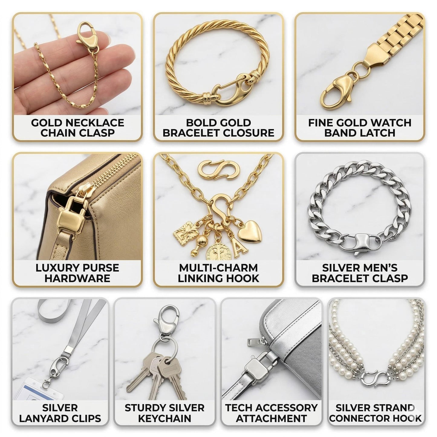 Gold Plated Lobster Clasps Snap: Jewelry Connectors for Necklaces Bracelets (Rectangle Shape, Gold & Silver Tone, 3 Pieces)