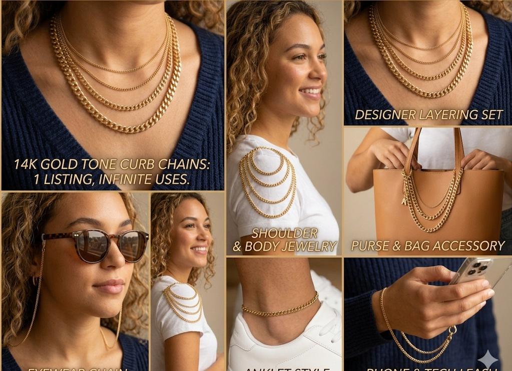 A collage showing six creative uses for gold curb chains: layered necklaces, purse strap accessories, anklets, eyewear chains, phone wristlets, and shoulder jewelry.