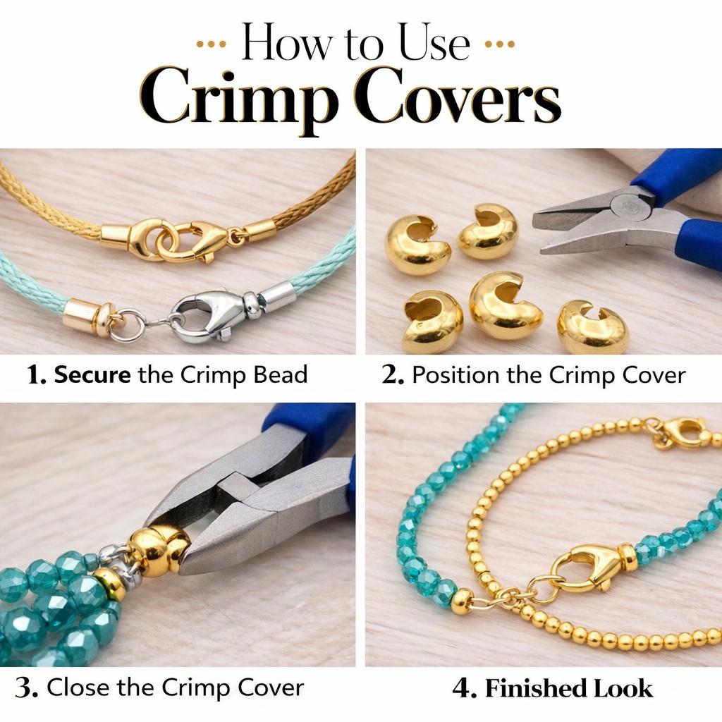 Gold Stainless Steel Crimp Cover Beads, Polished Finish, Jewelry Making DIY (3-5mm)