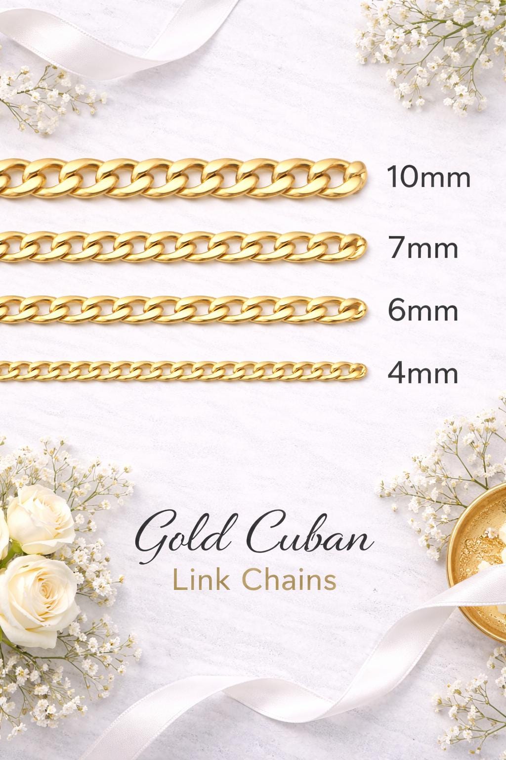 18K Boutique Gold Stainless Steel Curb Chain: Tarnish-Free Waterproof Finish, Sizes 4mm-10mm | Hypoallergenic, Durable | Supply By Yard