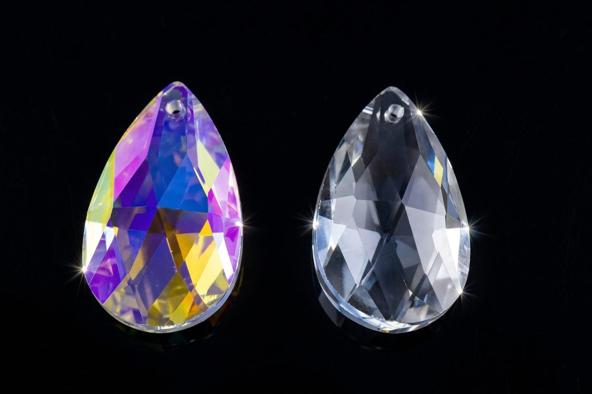 Crystal Chandelier Faceted Teardrop Prisms, Clear AB Iridescent (50x28mm, Glass, Single Hole Hanging Charms)