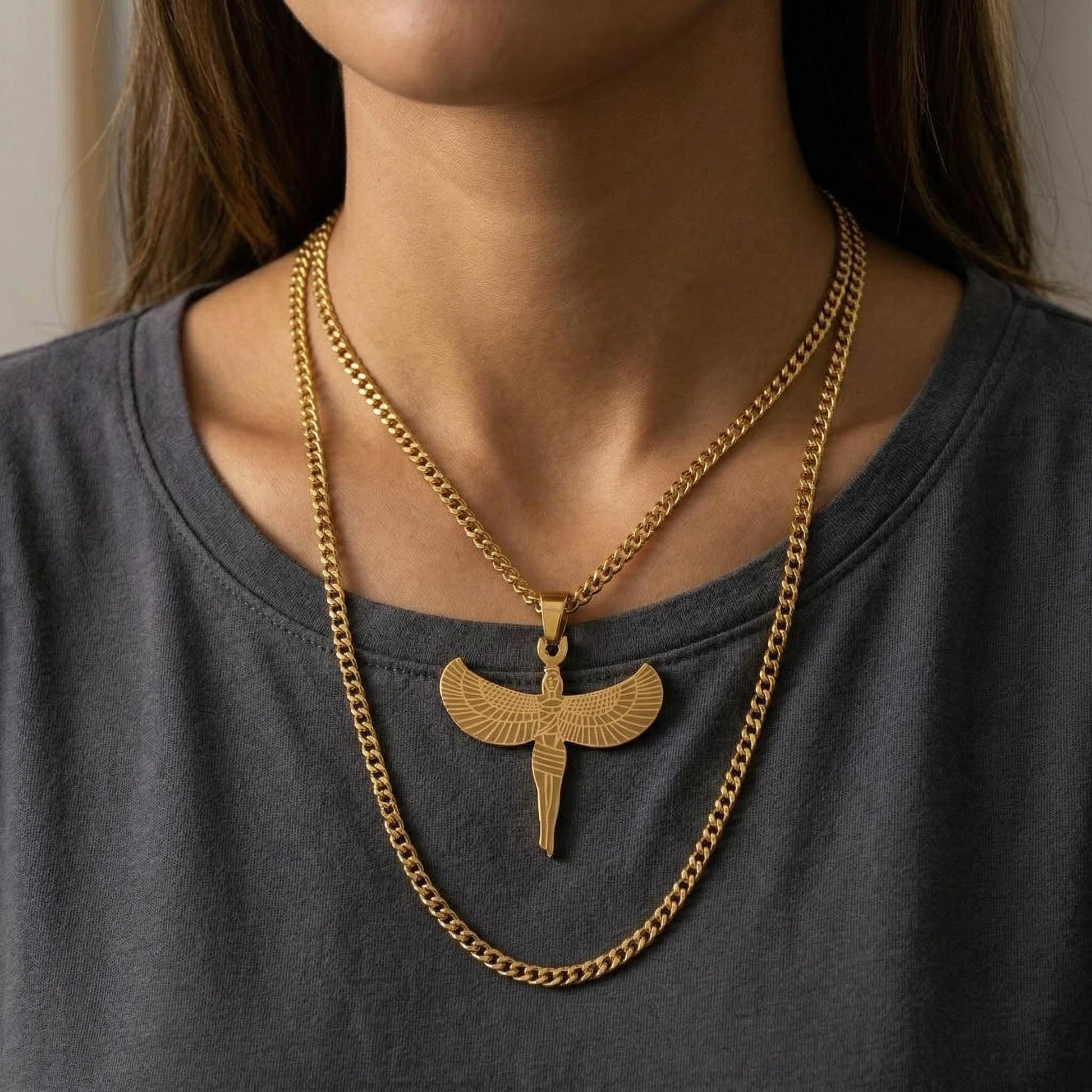 Egyptian Isis Winged Pendant Charm, Protection Amulet (Gold or Silver Tone, Durable Stainless Steel, Smooth Edges, DIY Jewelry Supply)
