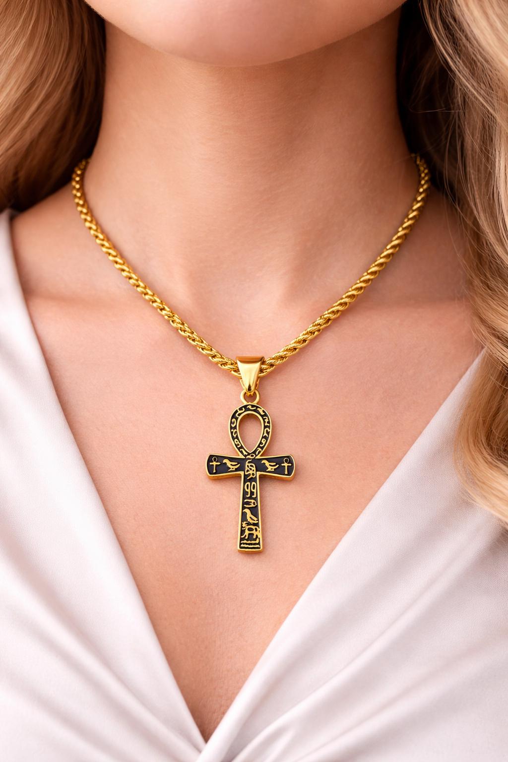 Ankh Cross Pendant Jewelry: Sacred Egyptian Hieroglyph Design, Gold & Silver Stainless (15x30mm, Unisex Charm)