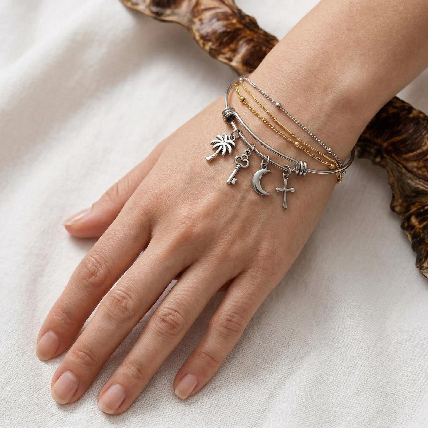 Silver Tone Bangle Bracelets - Modern Minimalist Adjustable Base - Durable Stainless Steel, DIY Charm Jewelry, Unisex Gift Option