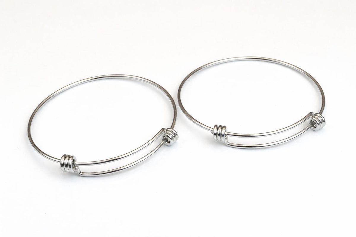 Silver Tone Bangle Bracelets - Modern Minimalist Adjustable Base - Durable Stainless Steel, DIY Charm Jewelry, Unisex Gift Option