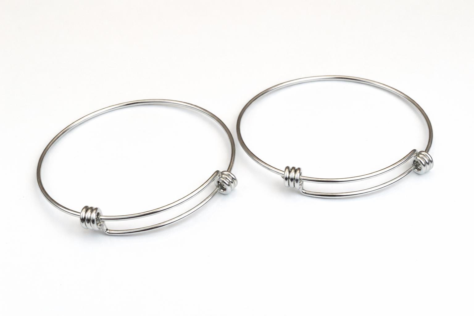 Silver Tone Bangle Bracelets - Modern Minimalist Adjustable Base - Durable Stainless Steel, DIY Charm Jewelry, Unisex Gift Option