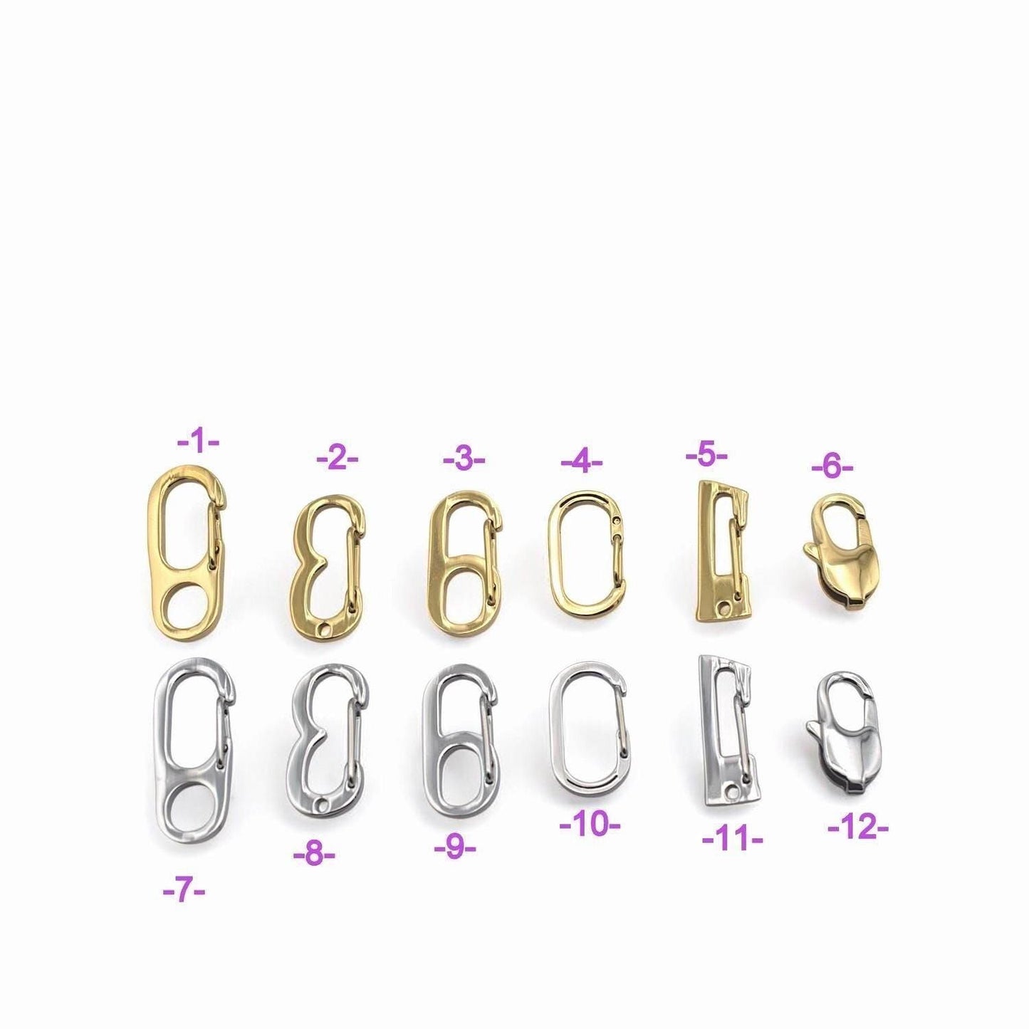 a collection of various metal clasps and hooks, each with a different number assigned to it.