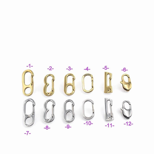 a collection of various metal clasps and hooks, each with a different number assigned to it.