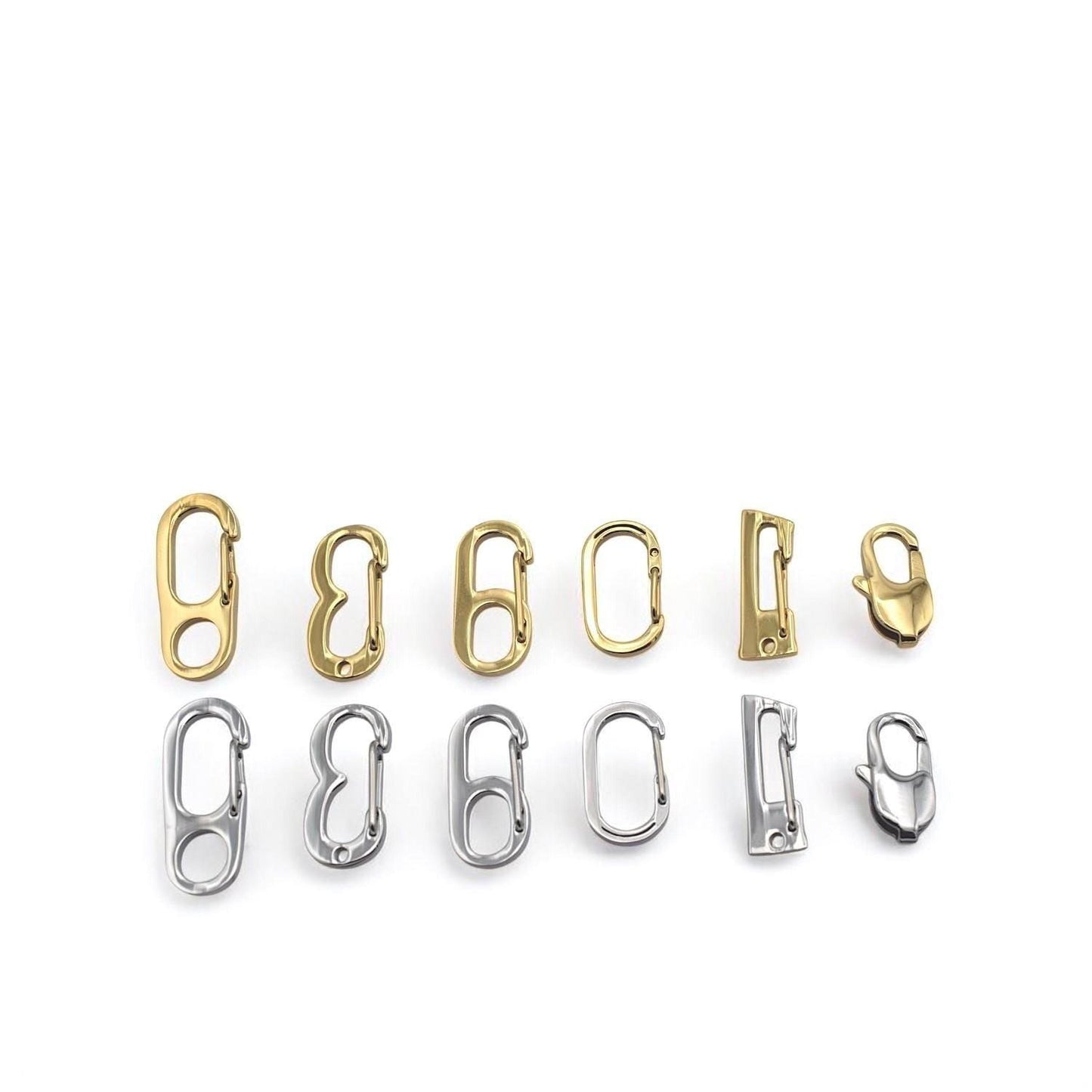 a collection of various metal clasps and hooks in different shapes and sizes, arranged in rows.
