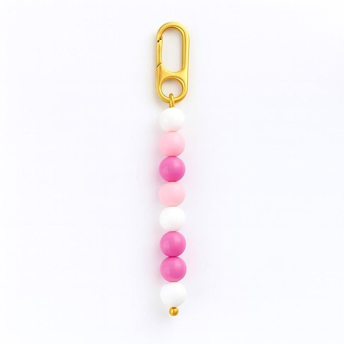 A gold-colored metal clasp attached to a row of colorful beads in pink, white, and purple.