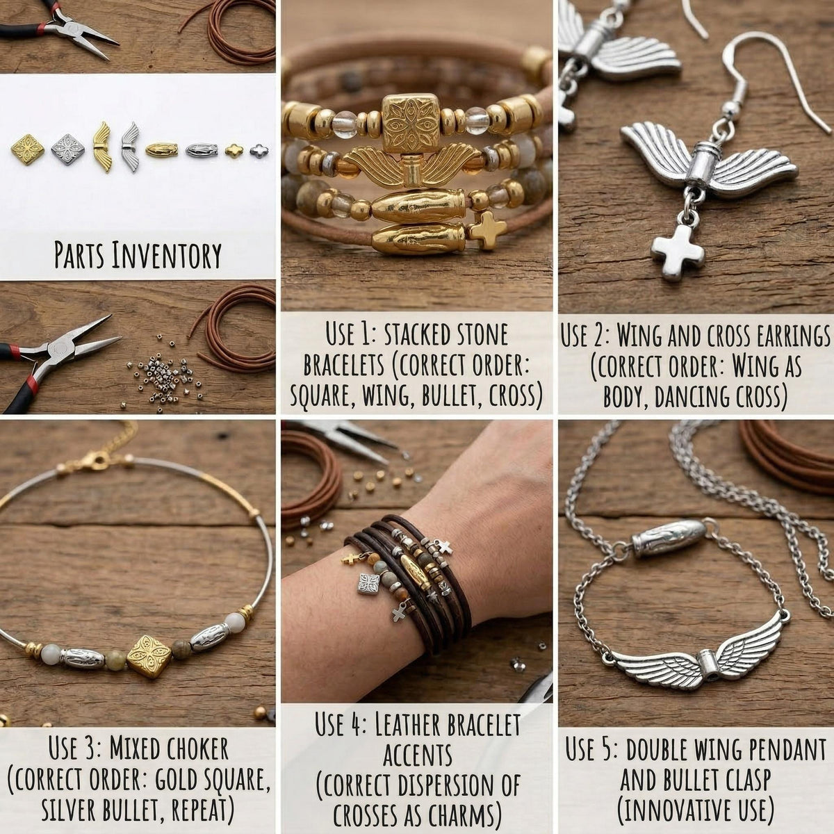 Cross Angel Wing Stainless Steel Beads: Gold & Silver Mixed Metal, Hypoallergenic | Rosary, Bracelet, Necklace, 12-Piece Set