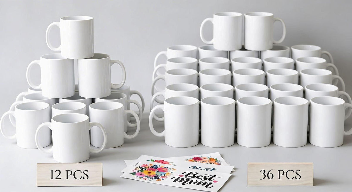 a collection of white ceramic mugs arranged in various stacks and piles. There are also two wooden signs in front of the mugs, one labeled "12 PCS" and the other labeled "36 PCS".