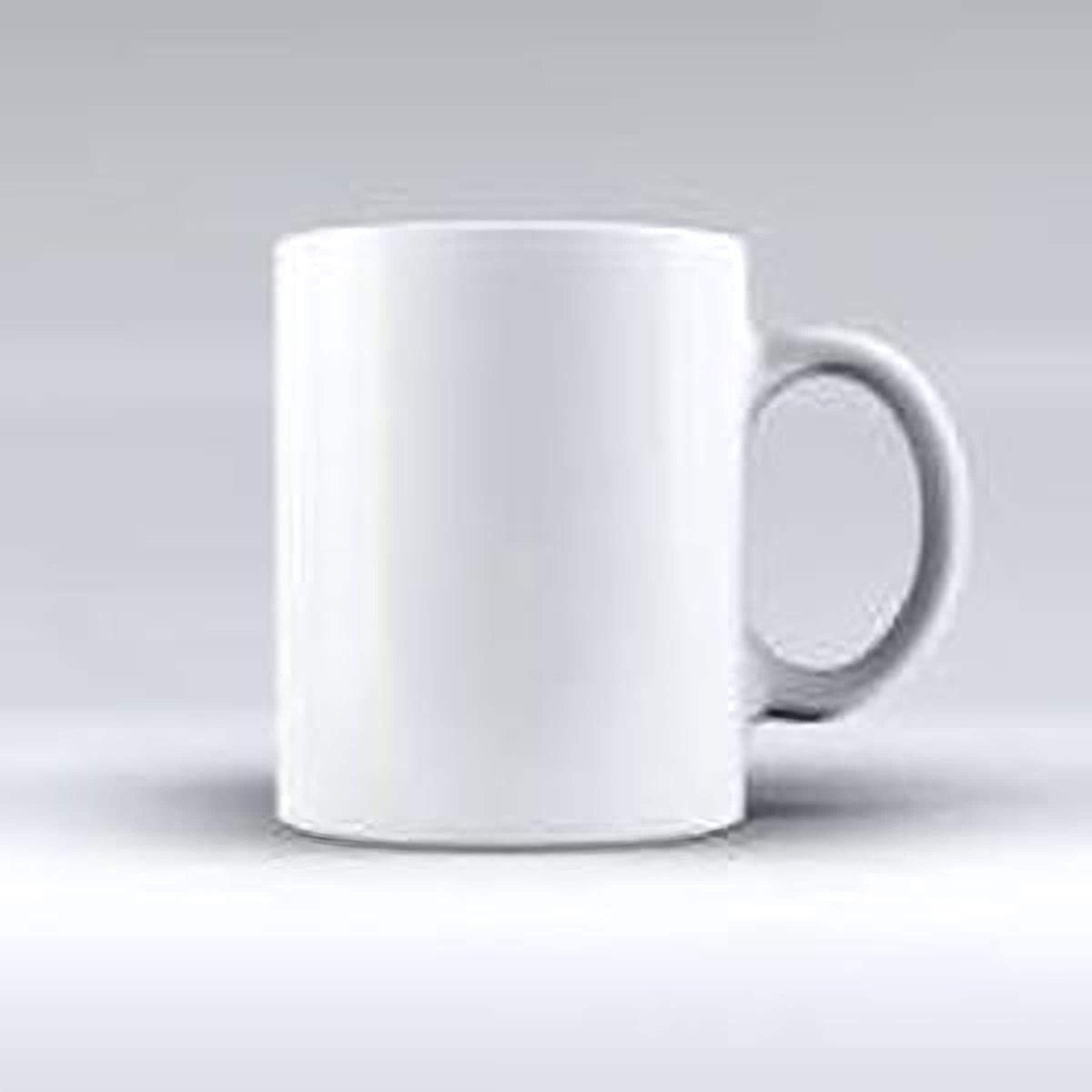 A plain white ceramic mug with a simple handle.