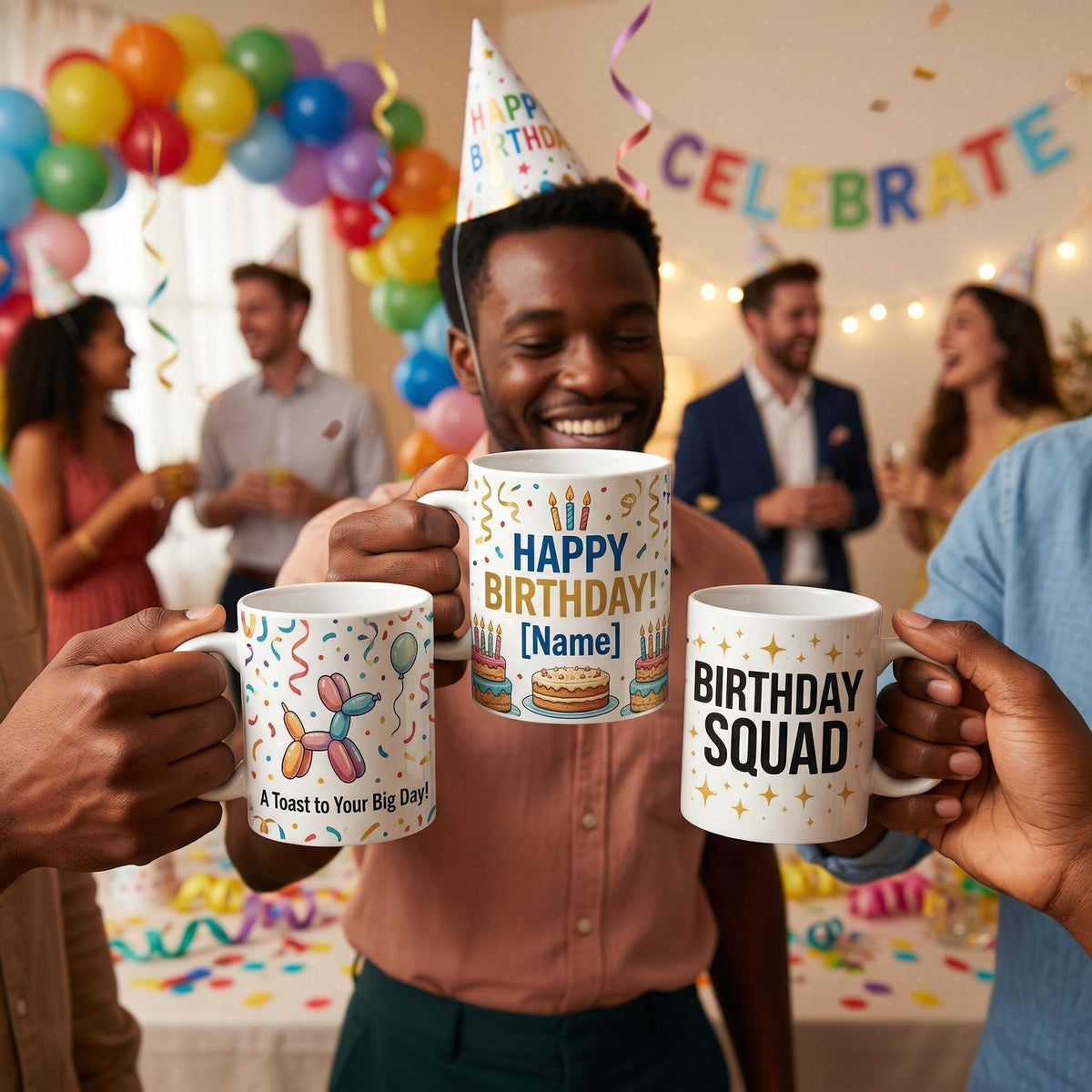 A group of people celebrating a birthday, with one person holding up two birthday mugs.