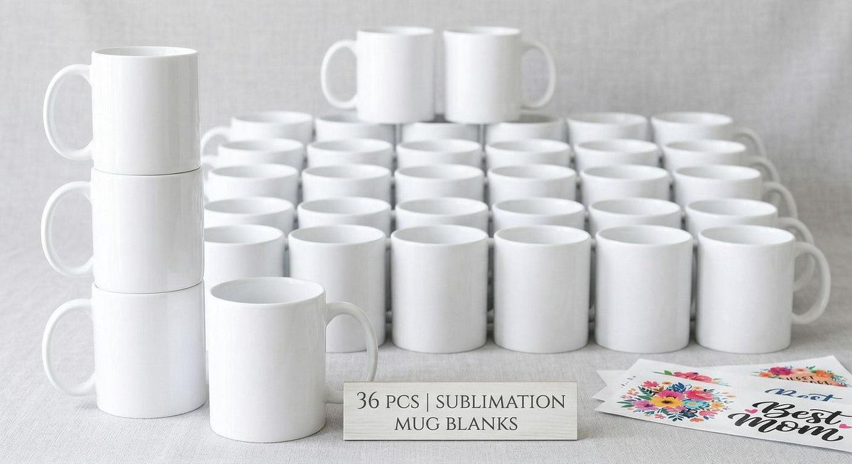 a collection of white ceramic mugs arranged in rows, with a sign indicating that these are "36 PCS SUBILIMATION MUG BLANKS".