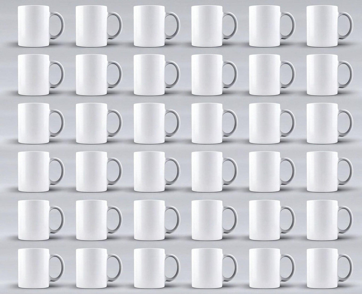 a grid of white ceramic mugs with handles, arranged in a repeating pattern.