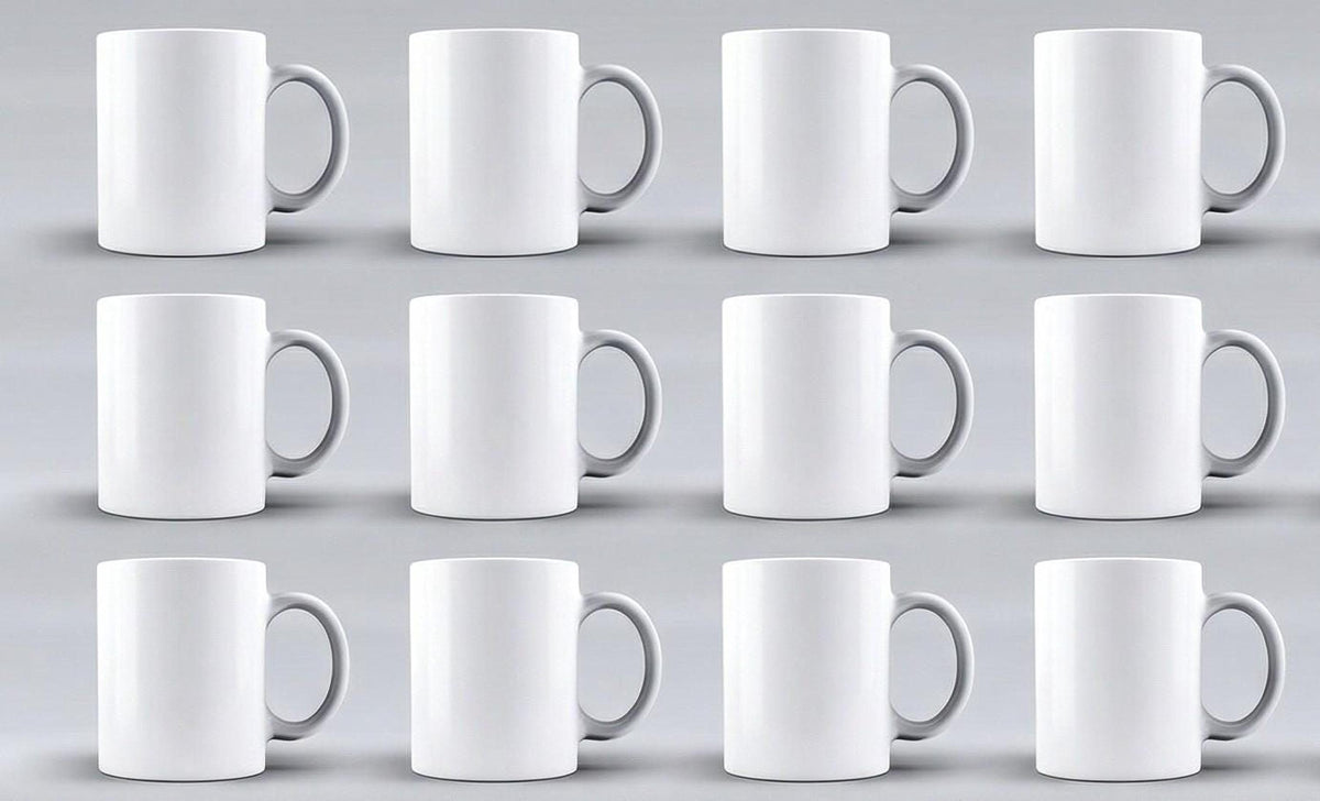 A grid of 12 identical white mugs with gray handles, arranged in a 3x4 pattern.