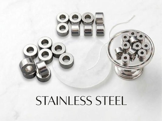 Plain Spacer Beads Cylinder Roundel: Silver Tone Smooth Spacers, Stainless Steel (20pcs, Hole Sizes 2mm & 4mm, Jewelry Supply)