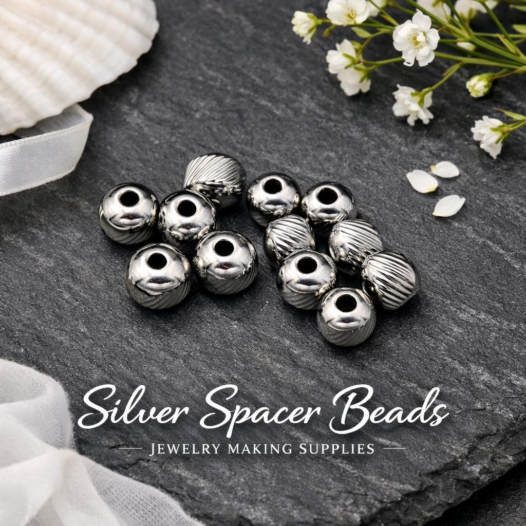 Diamond Cut Beads - Mixed Size Stainless Steel Spacers - Silver Tone Round Balls, Smooth & Textured, Jewelry Craft