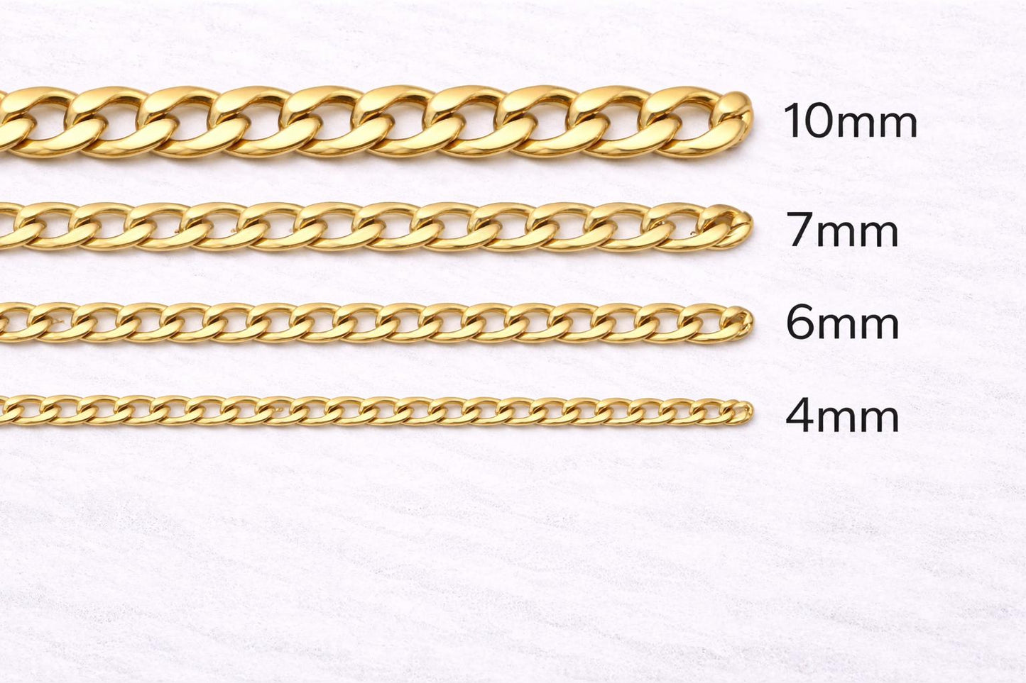 18K Boutique Gold Stainless Steel Curb Chain: Tarnish-Free Waterproof Finish, Sizes 4mm-10mm | Hypoallergenic, Durable | Supply By Yard