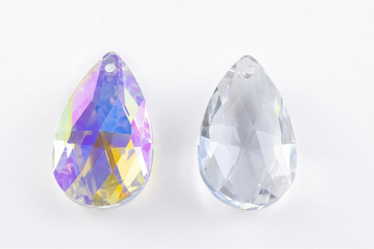 Crystal Chandelier Faceted Teardrop Prisms, Clear AB Iridescent (50x28mm, Glass, Single Hole Hanging Charms)